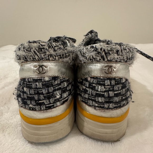 CHANEL Shoes - CHANEL Black and Silver Tweed Sneakers with Yellow Detail